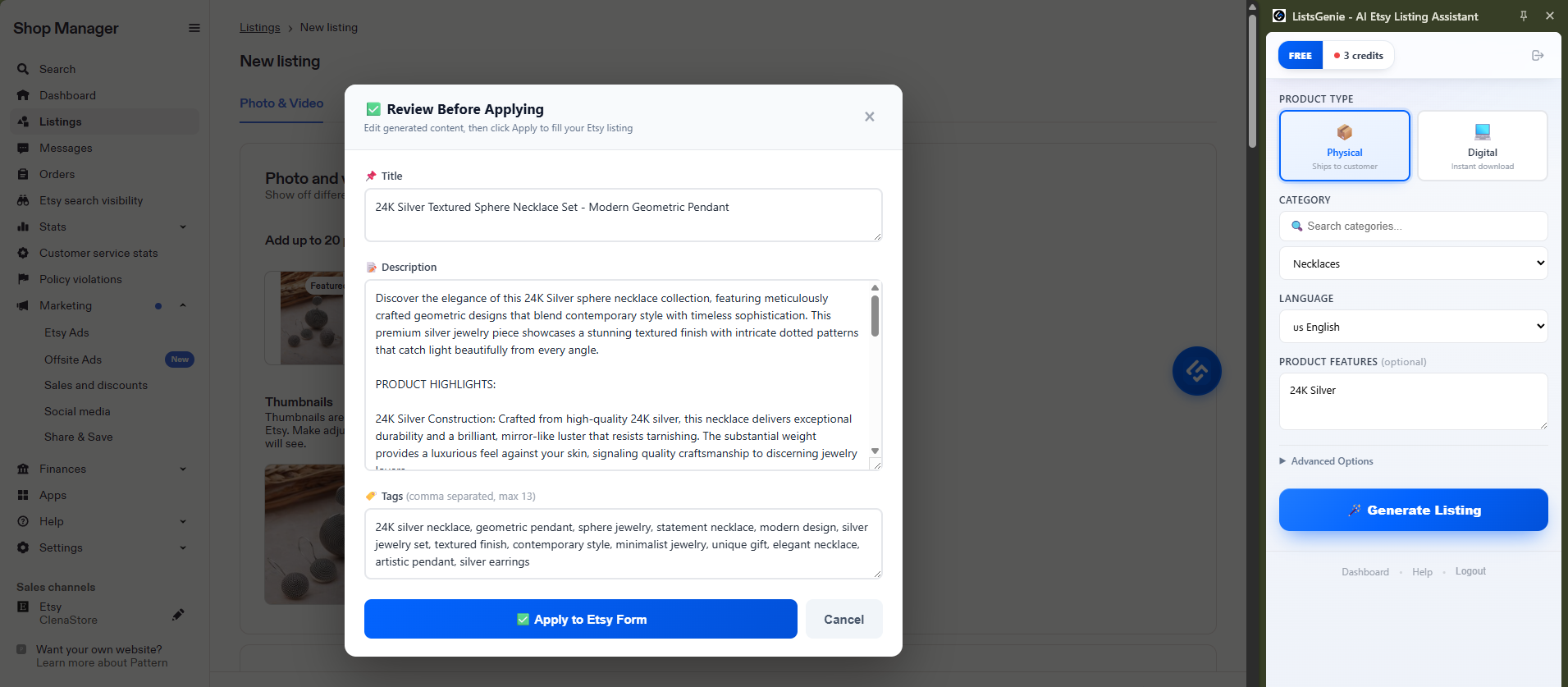Pasting the API key into the ListsGenie extension and connecting