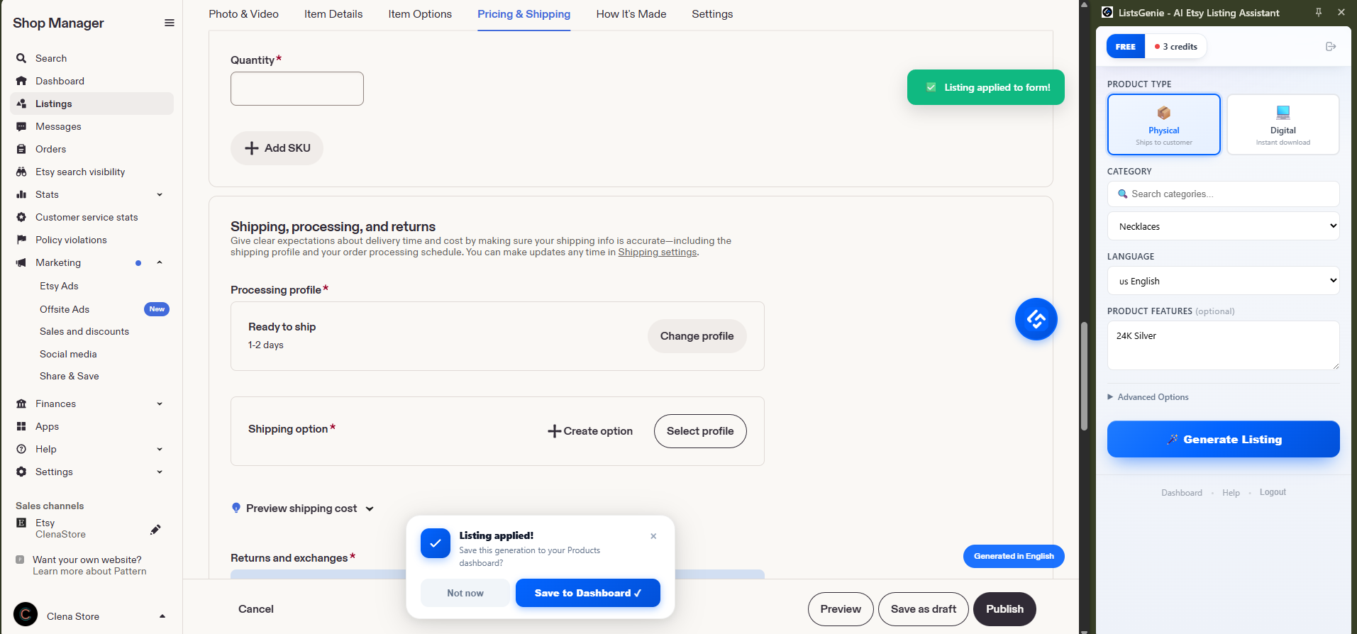 Selecting product type, category, keywords, template style and language