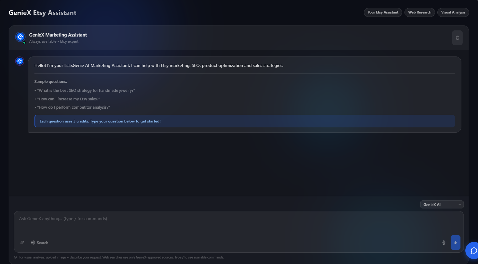 The GenieX chat assistant inside the ListsGenie dashboard