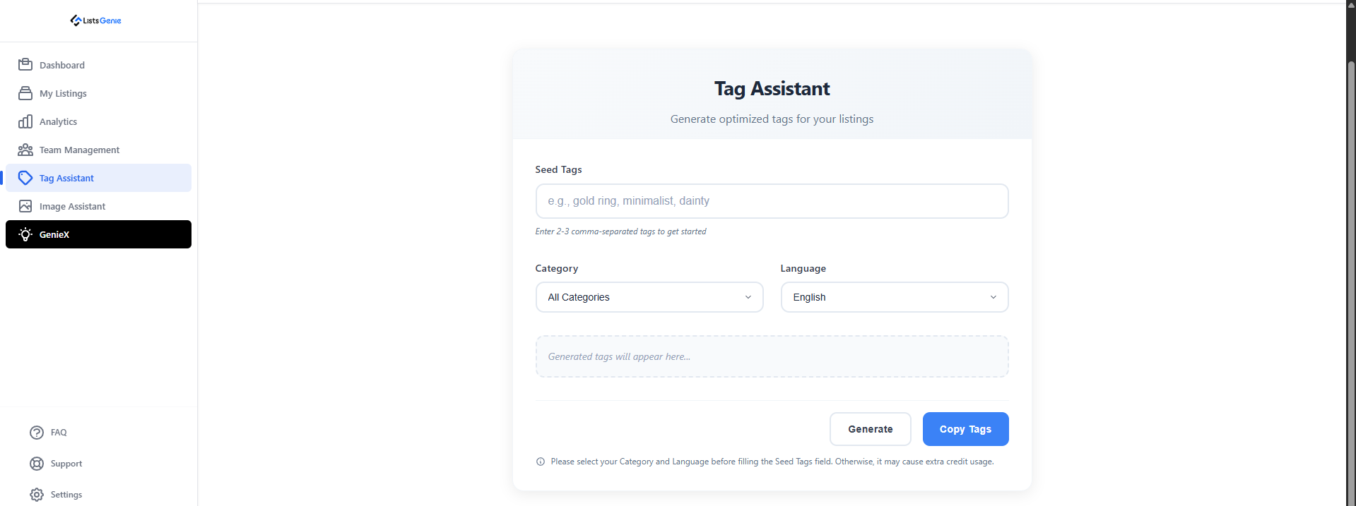 The ListsGenie Tag Assistant generating 13 optimized Etsy tags